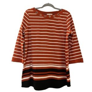 REBECCA MALONE top, 3/4 sleeve, burnt orange/white stripe. Grommets at neckline.